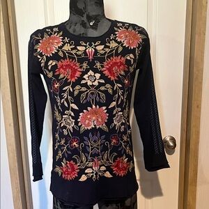 Johnny Was Navy Floral Embroidered Top